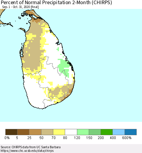 Sri Lanka Percent of Normal Precipitation 2-Month (CHIRPS) Thematic Map For 9/1/2020 - 10/31/2020