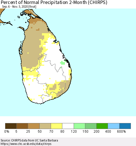 Sri Lanka Percent of Normal Precipitation 2-Month (CHIRPS) Thematic Map For 9/6/2020 - 11/5/2020