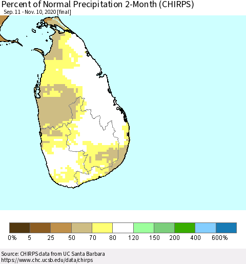 Sri Lanka Percent of Normal Precipitation 2-Month (CHIRPS) Thematic Map For 9/11/2020 - 11/10/2020