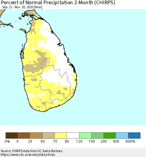 Sri Lanka Percent of Normal Precipitation 2-Month (CHIRPS) Thematic Map For 9/21/2020 - 11/20/2020