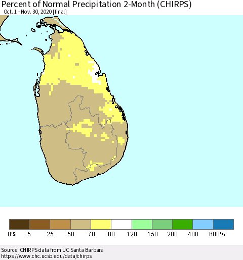 Sri Lanka Percent of Normal Precipitation 2-Month (CHIRPS) Thematic Map For 10/1/2020 - 11/30/2020