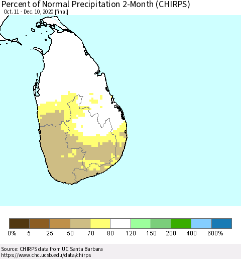 Sri Lanka Percent of Normal Precipitation 2-Month (CHIRPS) Thematic Map For 10/11/2020 - 12/10/2020