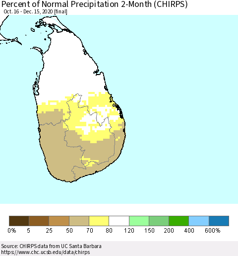 Sri Lanka Percent of Normal Precipitation 2-Month (CHIRPS) Thematic Map For 10/16/2020 - 12/15/2020