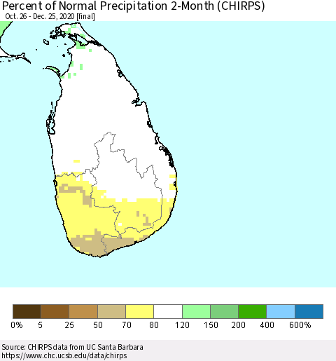 Sri Lanka Percent of Normal Precipitation 2-Month (CHIRPS) Thematic Map For 10/26/2020 - 12/25/2020