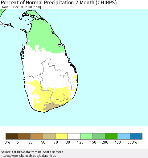 Sri Lanka Percent of Normal Precipitation 2-Month (CHIRPS) Thematic Map For 11/1/2020 - 12/31/2020