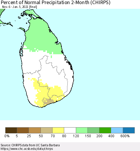 Sri Lanka Percent of Normal Precipitation 2-Month (CHIRPS) Thematic Map For 11/6/2020 - 1/5/2021
