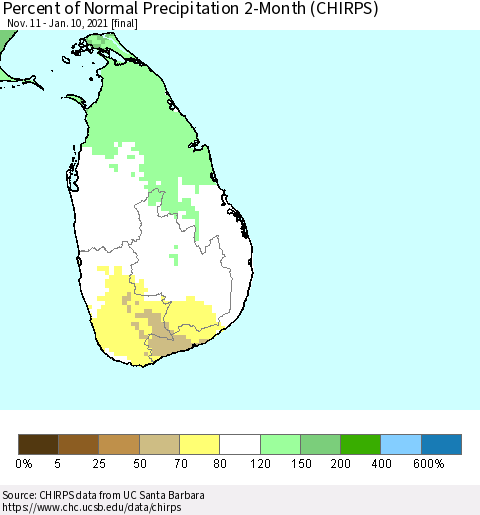 Sri Lanka Percent of Normal Precipitation 2-Month (CHIRPS) Thematic Map For 11/11/2020 - 1/10/2021