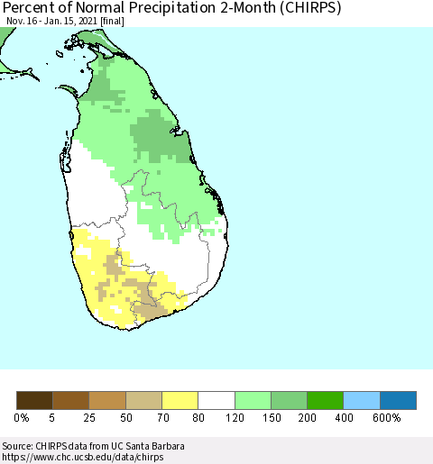 Sri Lanka Percent of Normal Precipitation 2-Month (CHIRPS) Thematic Map For 11/16/2020 - 1/15/2021
