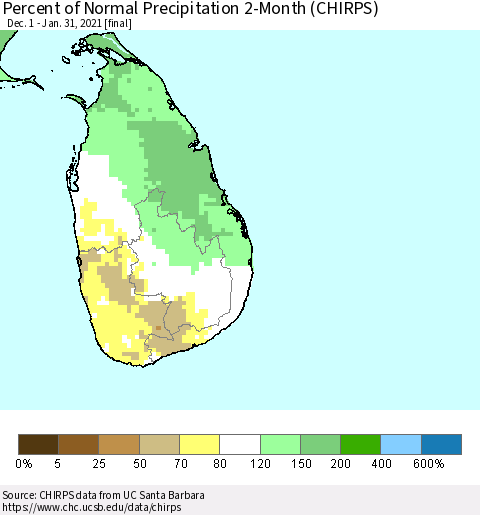 Sri Lanka Percent of Normal Precipitation 2-Month (CHIRPS) Thematic Map For 12/1/2020 - 1/31/2021