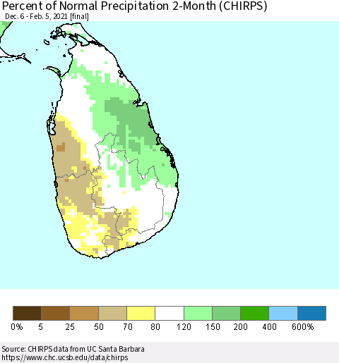 Sri Lanka Percent of Normal Precipitation 2-Month (CHIRPS) Thematic Map For 12/6/2020 - 2/5/2021