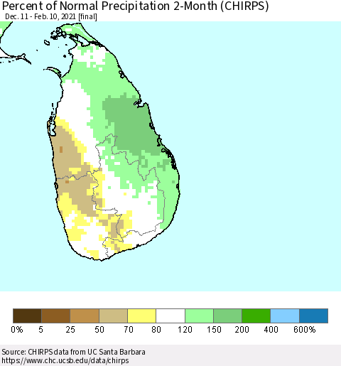 Sri Lanka Percent of Normal Precipitation 2-Month (CHIRPS) Thematic Map For 12/11/2020 - 2/10/2021