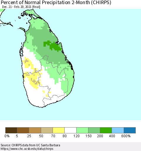 Sri Lanka Percent of Normal Precipitation 2-Month (CHIRPS) Thematic Map For 12/21/2020 - 2/20/2021