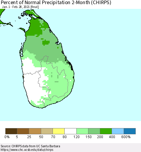 Sri Lanka Percent of Normal Precipitation 2-Month (CHIRPS) Thematic Map For 1/1/2021 - 2/28/2021