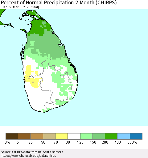 Sri Lanka Percent of Normal Precipitation 2-Month (CHIRPS) Thematic Map For 1/6/2021 - 3/5/2021