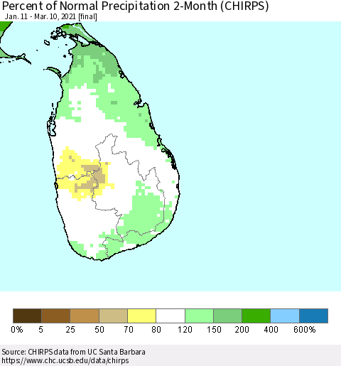 Sri Lanka Percent of Normal Precipitation 2-Month (CHIRPS) Thematic Map For 1/11/2021 - 3/10/2021