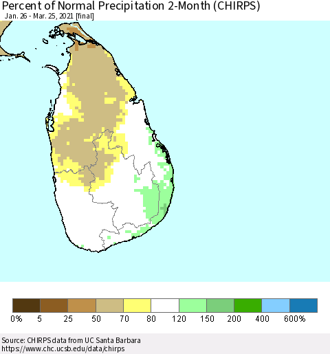Sri Lanka Percent of Normal Precipitation 2-Month (CHIRPS) Thematic Map For 1/26/2021 - 3/25/2021