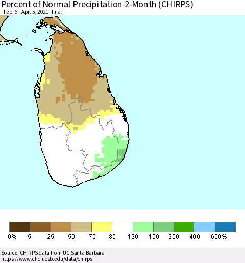 Sri Lanka Percent of Normal Precipitation 2-Month (CHIRPS) Thematic Map For 2/6/2021 - 4/5/2021