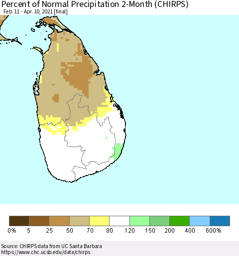 Sri Lanka Percent of Normal Precipitation 2-Month (CHIRPS) Thematic Map For 2/11/2021 - 4/10/2021