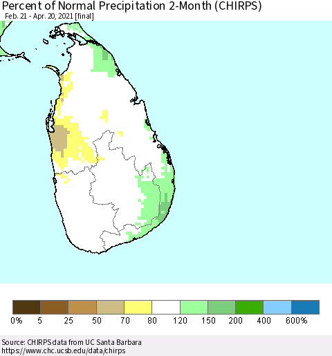 Sri Lanka Percent of Normal Precipitation 2-Month (CHIRPS) Thematic Map For 2/21/2021 - 4/20/2021