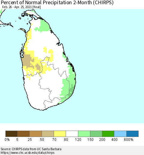 Sri Lanka Percent of Normal Precipitation 2-Month (CHIRPS) Thematic Map For 2/26/2021 - 4/25/2021