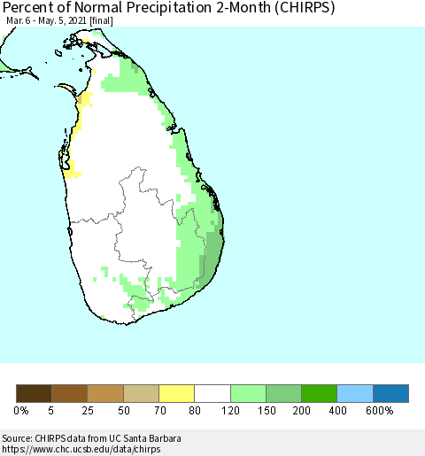 Sri Lanka Percent of Normal Precipitation 2-Month (CHIRPS) Thematic Map For 3/6/2021 - 5/5/2021
