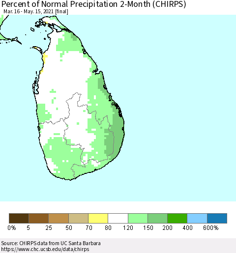 Sri Lanka Percent of Normal Precipitation 2-Month (CHIRPS) Thematic Map For 3/16/2021 - 5/15/2021