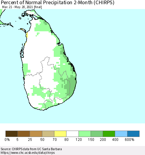 Sri Lanka Percent of Normal Precipitation 2-Month (CHIRPS) Thematic Map For 3/21/2021 - 5/20/2021