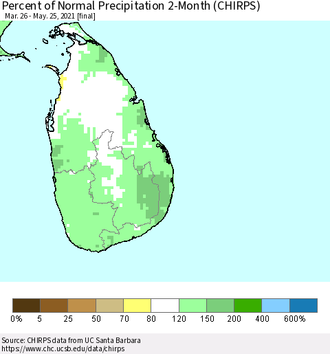 Sri Lanka Percent of Normal Precipitation 2-Month (CHIRPS) Thematic Map For 3/26/2021 - 5/25/2021