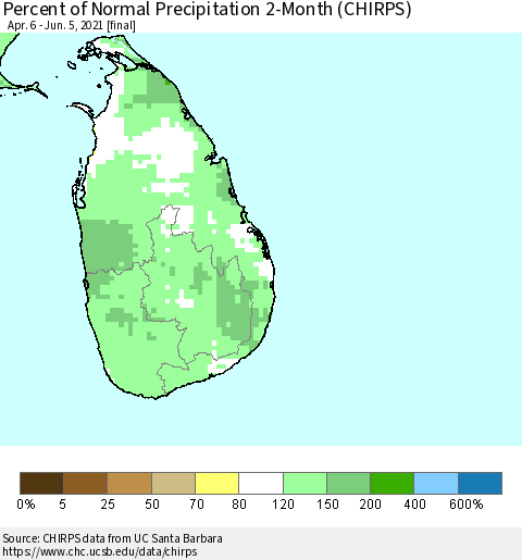Sri Lanka Percent of Normal Precipitation 2-Month (CHIRPS) Thematic Map For 4/6/2021 - 6/5/2021