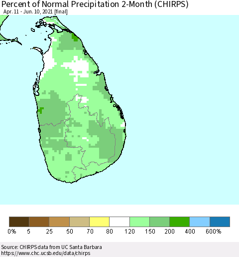 Sri Lanka Percent of Normal Precipitation 2-Month (CHIRPS) Thematic Map For 4/11/2021 - 6/10/2021