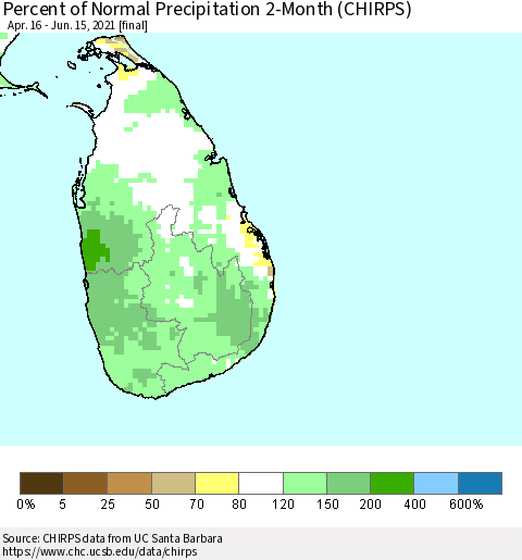 Sri Lanka Percent of Normal Precipitation 2-Month (CHIRPS) Thematic Map For 4/16/2021 - 6/15/2021
