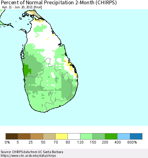 Sri Lanka Percent of Normal Precipitation 2-Month (CHIRPS) Thematic Map For 4/21/2021 - 6/20/2021
