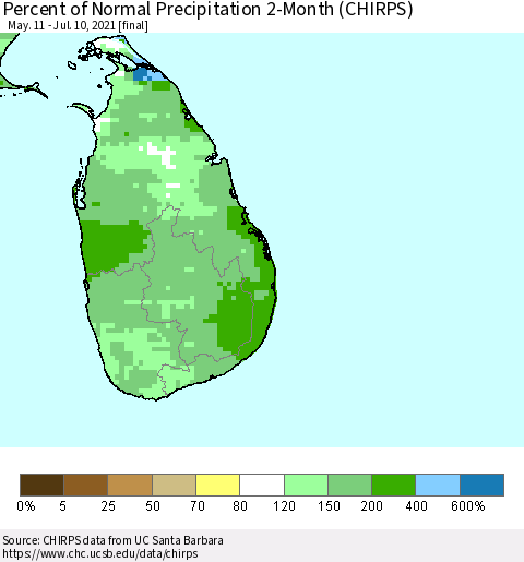 Sri Lanka Percent of Normal Precipitation 2-Month (CHIRPS) Thematic Map For 5/11/2021 - 7/10/2021