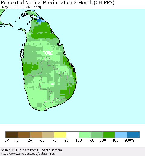 Sri Lanka Percent of Normal Precipitation 2-Month (CHIRPS) Thematic Map For 5/16/2021 - 7/15/2021
