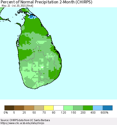 Sri Lanka Percent of Normal Precipitation 2-Month (CHIRPS) Thematic Map For 5/21/2021 - 7/20/2021