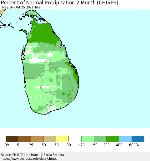Sri Lanka Percent of Normal Precipitation 2-Month (CHIRPS) Thematic Map For 5/26/2021 - 7/25/2021