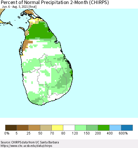 Sri Lanka Percent of Normal Precipitation 2-Month (CHIRPS) Thematic Map For 6/6/2021 - 8/5/2021