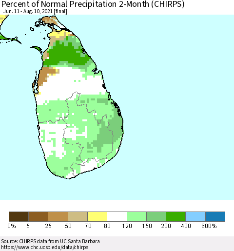 Sri Lanka Percent of Normal Precipitation 2-Month (CHIRPS) Thematic Map For 6/11/2021 - 8/10/2021