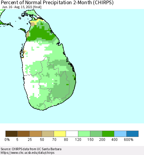 Sri Lanka Percent of Normal Precipitation 2-Month (CHIRPS) Thematic Map For 6/16/2021 - 8/15/2021