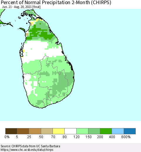 Sri Lanka Percent of Normal Precipitation 2-Month (CHIRPS) Thematic Map For 6/21/2021 - 8/20/2021