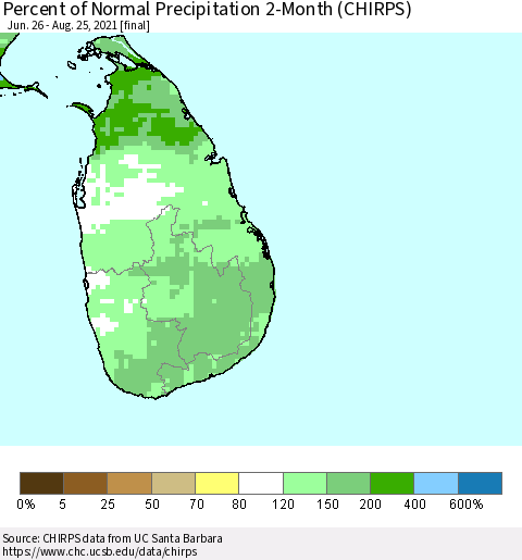 Sri Lanka Percent of Normal Precipitation 2-Month (CHIRPS) Thematic Map For 6/26/2021 - 8/25/2021