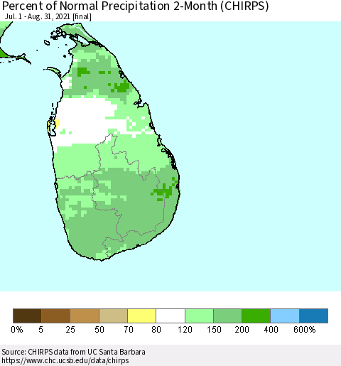 Sri Lanka Percent of Normal Precipitation 2-Month (CHIRPS) Thematic Map For 7/1/2021 - 8/31/2021