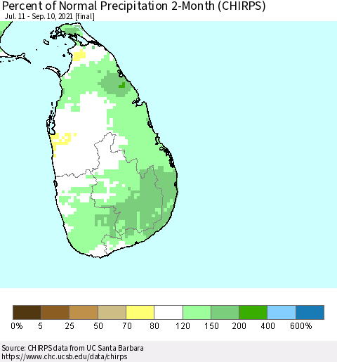Sri Lanka Percent of Normal Precipitation 2-Month (CHIRPS) Thematic Map For 7/11/2021 - 9/10/2021