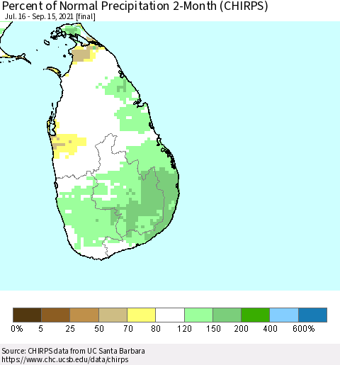Sri Lanka Percent of Normal Precipitation 2-Month (CHIRPS) Thematic Map For 7/16/2021 - 9/15/2021
