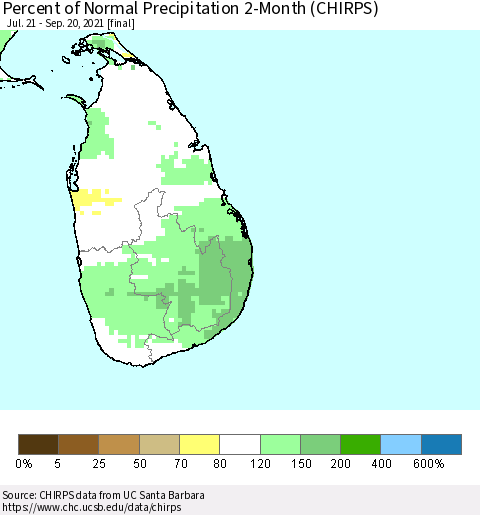 Sri Lanka Percent of Normal Precipitation 2-Month (CHIRPS) Thematic Map For 7/21/2021 - 9/20/2021