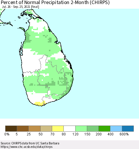 Sri Lanka Percent of Normal Precipitation 2-Month (CHIRPS) Thematic Map For 7/26/2021 - 9/25/2021