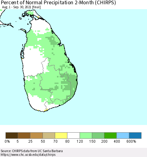 Sri Lanka Percent of Normal Precipitation 2-Month (CHIRPS) Thematic Map For 8/1/2021 - 9/30/2021