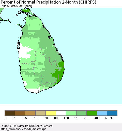 Sri Lanka Percent of Normal Precipitation 2-Month (CHIRPS) Thematic Map For 8/6/2021 - 10/5/2021