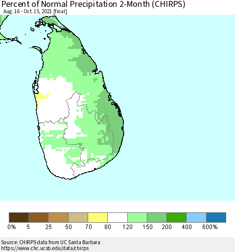 Sri Lanka Percent of Normal Precipitation 2-Month (CHIRPS) Thematic Map For 8/16/2021 - 10/15/2021