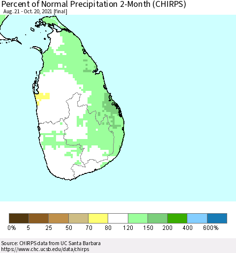 Sri Lanka Percent of Normal Precipitation 2-Month (CHIRPS) Thematic Map For 8/21/2021 - 10/20/2021